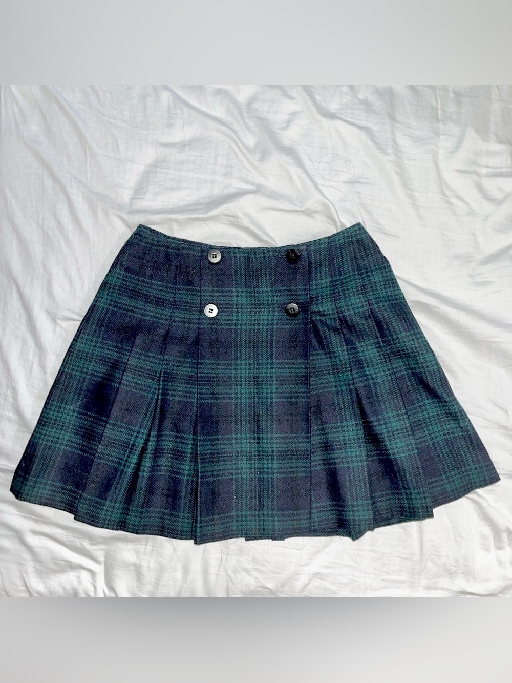 100% Wool - Limited - Navy and Green Plaid Pleated Wrap Mini Skirt